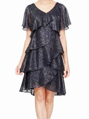 SL Fashions Gunmetal Black Metallic Ruffle Layered Cocktail Shift Dress
